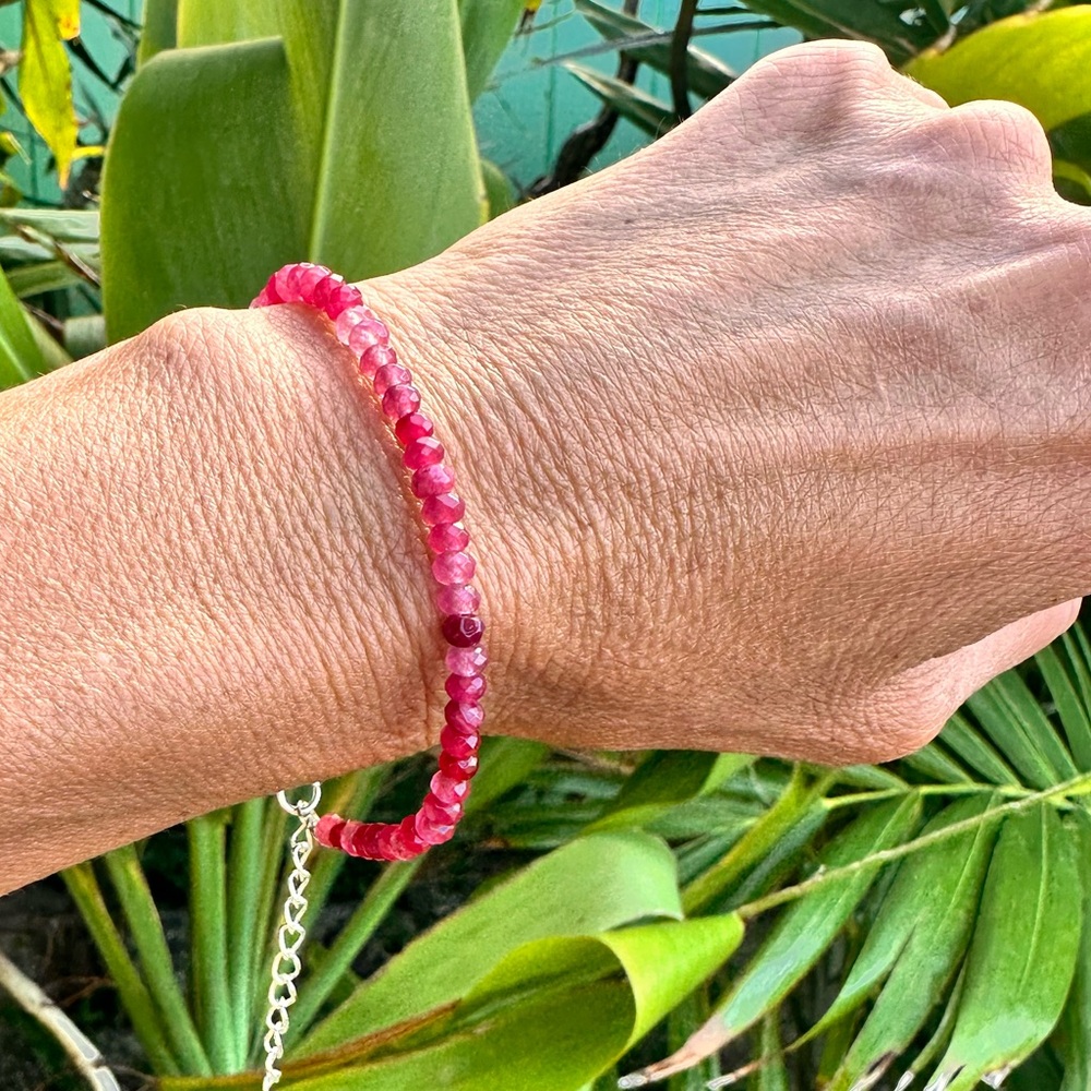 Pink Tourmaline Gemstone Bracelet Sterling Silver Chain Adjustable Anklet